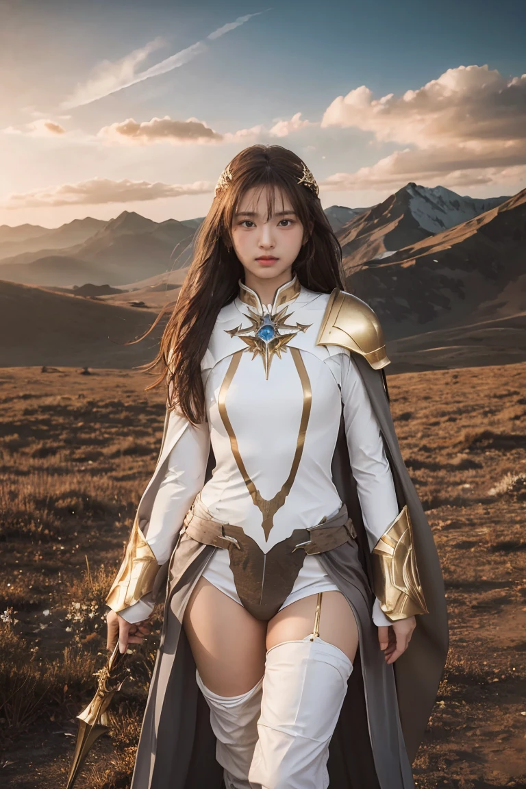 ((masterpiece, best quality, extremely detailed), volumetric lighting, ambient occlusion, colorful, glowing), 1girl, solo, young girl, (dark hair), long hair, ranger suit, hunter class dnd, cloak, (white outfit with gold detailst:1.3), armor, outdoors, sunset, sky, clouds, space, (fantasy theme:1.2),