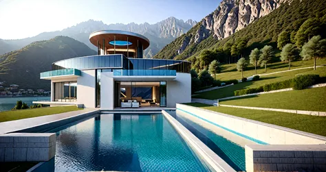 a home with a sense of futuristic technology，3-storey building，set against the mountains，facing the lake，huge swimming pool，mode...