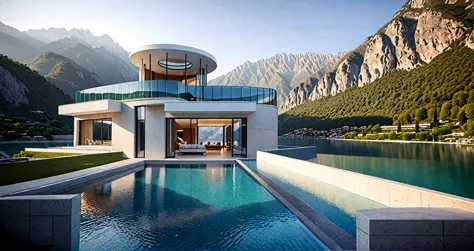 A home with a sense of futuristic technology，3-storey building，Set against the mountains，Facing the lake，Huge swimming pool，mode...