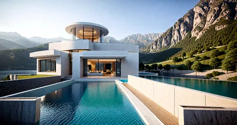 a home with a sense of futuristic technology，3-storey building，set against the mountains，facing the lake，huge swimming pool，mode...