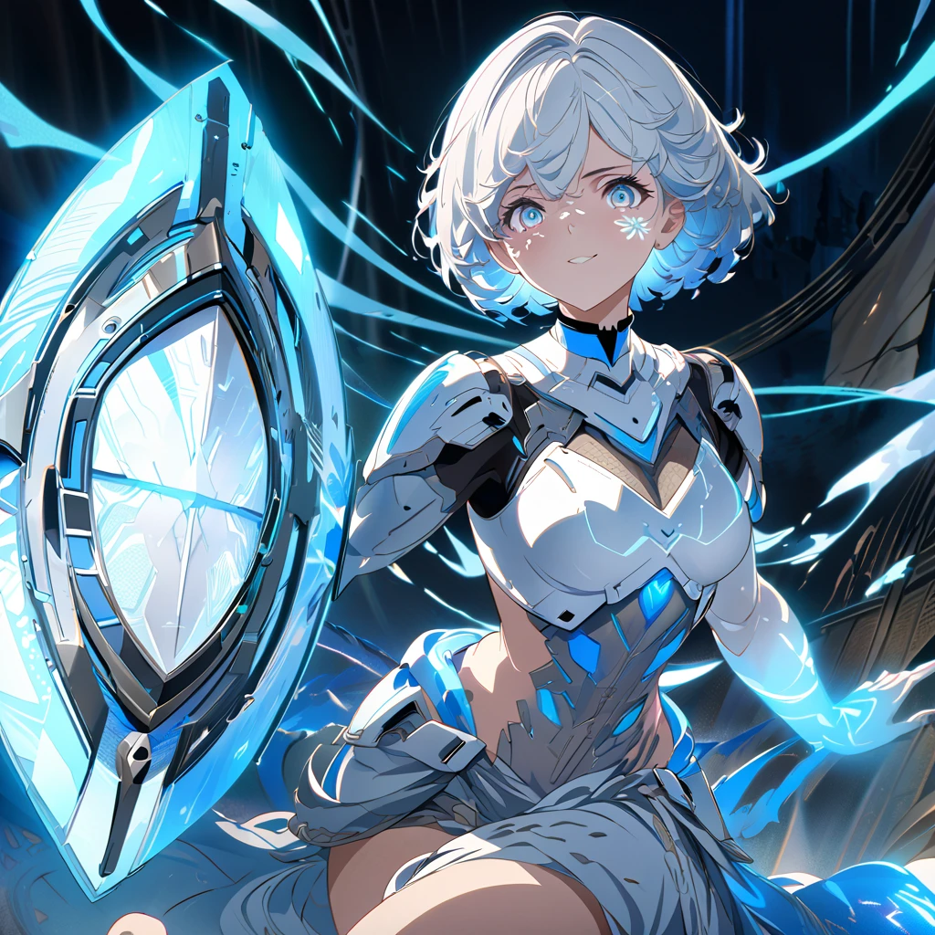 an image of a gentle girl with short, silvery-blue hair, wearing a futuristic fantasy, battle-ready outfit with glowing blue elements. She has a kind expression on her face, characterized by soft, warm eyes and a gentle smile with relaxed features. She is generating a large, translucent energy shield that shimmers with blue light, protecting herself and an area around her. The girl should be in a dynamic yet gentle pose, with one hand outstretched towards the viewer as if she's directing the shield and the other hand resting gently by her side. Her stance is strong yet relaxed, with one leg slightly bent. The background is dark and dramatic, with hints of blue light and energy waves illuminating their figures. The shield should have intricate, glowing patterns, enhancing the sense of her power and gentle control, (nude:0.8), detailed gorgeous face| anime style| key visual| intricate detail| highly detailed| breathtaking| vibrant| panoramic| cinematic| Carne Griffiths| Conrad Roset| gibbli 8k