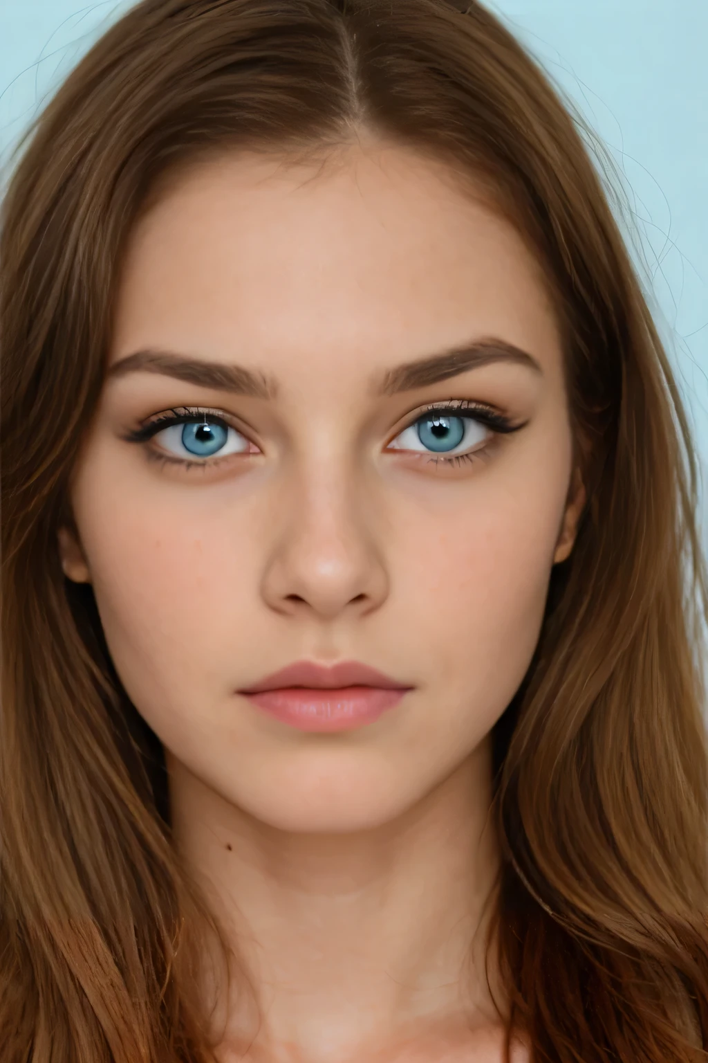 A woman with long brown hair and blue eyes posing for a picture - SeaArt AI