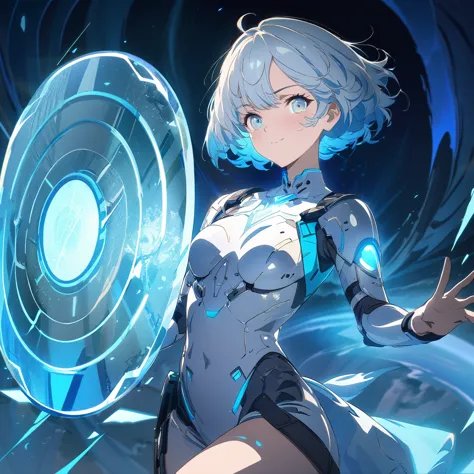 an image of a gentle girl with short, silvery-blue hair, wearing a futuristic fantasy, battle-ready outfit with glowing blue ele...