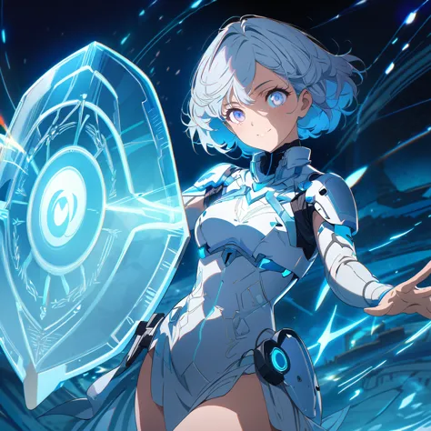 an image of a gentle girl with short, silvery-blue hair, wearing a futuristic fantasy, battle-ready outfit with glowing blue ele...