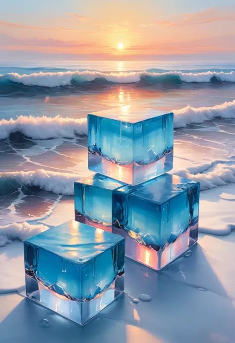 an oil painting：(((sunrise，ocean，horizon，peaceful)))，(ice cubes里的红色玫瑰：1.37)，ice cubes，cube，frozen rose，refracted light