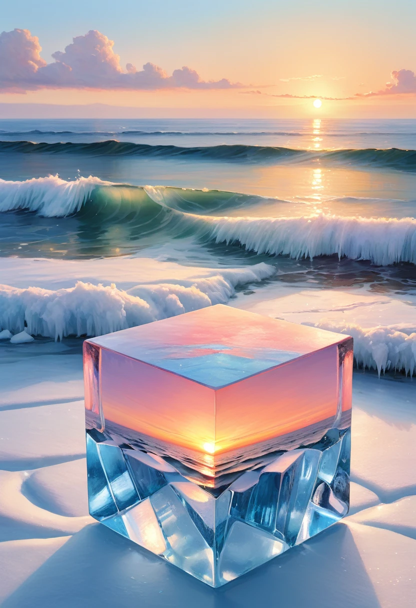 An oil painting：(((sunrise，Ocean，horizon，peaceful)))，(Ice cubes里的红色玫瑰：1.37)，Ice cubes，cube，Frozen Rose，Refracted Light