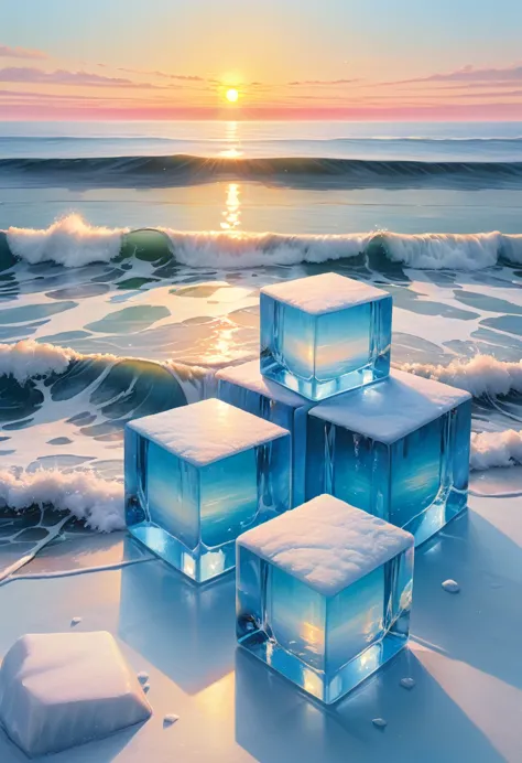 an oil painting：(((sunrise，ocean，horizon，peaceful)))，(ice cubes里的红色玫瑰：1.37)，ice cubes，cube，frozen rose，refracted light