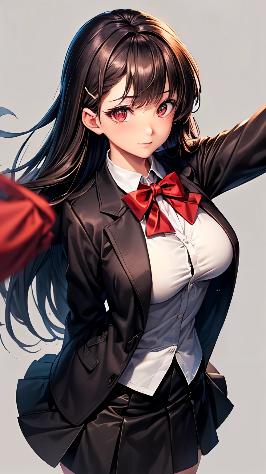 Anime girl in a black suit and red bow tie holding a red apple - SeaArt AI