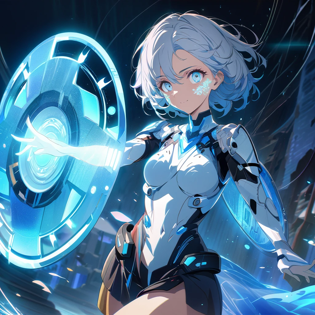 an image of a gentle girl with short, silvery-blue hair, wearing a futuristic fantasy, battle-ready outfit with glowing blue elements. She has a kind expression on her face, characterized by soft, warm eyes and a gentle smile with relaxed features. She is generating a large, translucent energy shield that shimmers with blue light, protecting herself and an area around her. The girl should be in a dynamic yet gentle pose, with one hand outstretched towards the viewer as if she's directing the shield and the other hand resting gently by her side. Her stance is strong yet relaxed, with one leg slightly bent. The background is dark and dramatic, with hints of blue light and energy waves illuminating their figures. The shield should have intricate, glowing patterns, enhancing the sense of her power and gentle control, (nude:0.8), detailed gorgeous face| anime style| key visual| intricate detail| highly detailed| breathtaking| vibrant| panoramic| cinematic| Carne Griffiths| Conrad Roset| gibbli 8k