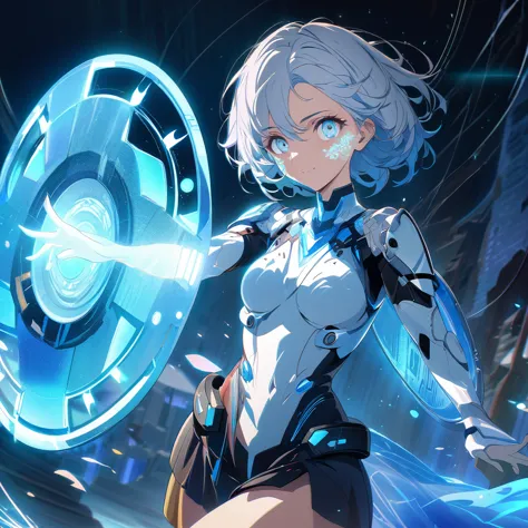 an image of a gentle girl with short, silvery-blue hair, wearing a futuristic fantasy, battle-ready outfit with glowing blue ele...