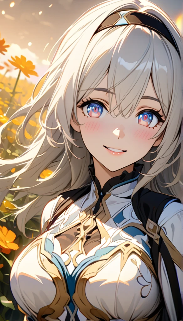 beautiful girl, long grey hair, beautiful face,smiling,close up to hips, beautiful breast, in the middle of flowers field, (open mouth:0.4),illustration,detailed textures(realists),ultra-detailed,portrait style,vivid colors,soft lighting, blushing, mature, hair fluttering, evening light , head band, half body, looking at viewer, cleavages, wearing intricate dress, perky. side profile 