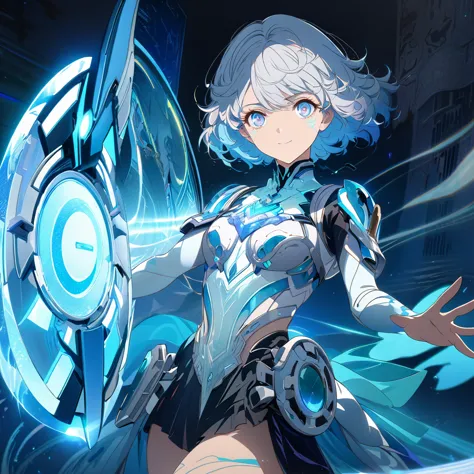 an image of a gentle girl with short, silvery-blue hair, wearing a futuristic fantasy, unique fashion outfit with glowing blue e...