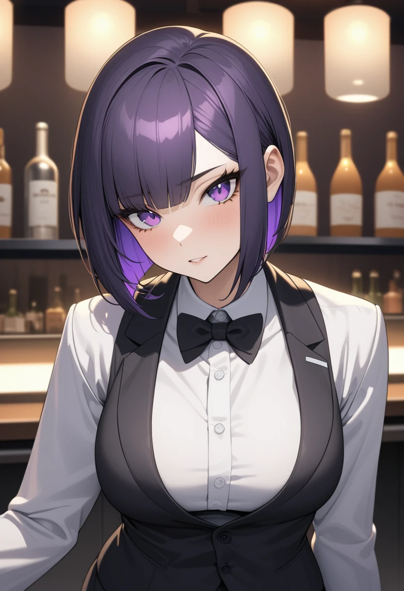 Adult Female, Black purple hair, slanted bob haircut, phlegmatic, perfect purple eyes cyberpunk bar, highly detailed, not looking, bartender, bartender suit