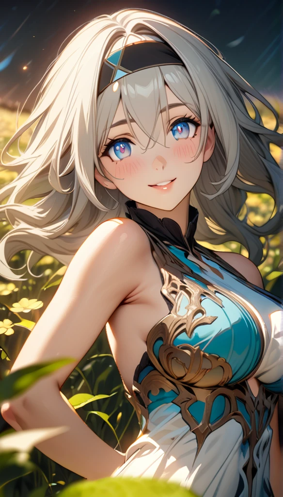 beautiful girl, long grey hair, beautiful face,smiling,close up to hips, beautiful breast, in the middle of flowers field, (open mouth:0.4),illustration,detailed textures(realists),ultra-detailed,portrait style,vivid colors,soft lighting, blushing, mature, hair fluttering, evening light , head band, ((half body)), looking at viewer, cleavages, wearing intricate dress, perky. side profile 