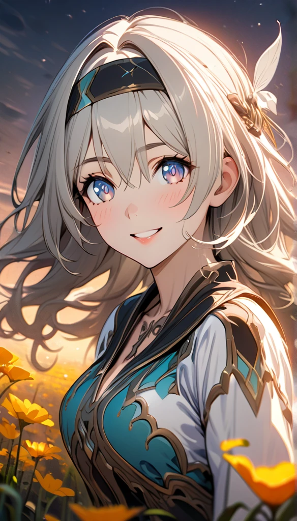 beautiful girl, long grey hair, beautiful face,smiling,close up to hips, beautiful breast, in the middle of flowers field, (open mouth:0.4),illustration,detailed textures(realists),ultra-detailed,portrait style,vivid colors,soft lighting, blushing, mature, hair fluttering, evening light , head band, ((half body)), looking at viewer, cleavages, wearing intricate dress, perky. side profile 