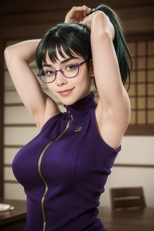 (best quality,4k,8k,highres,masterpiece:1.2),ultra-detailed,(realistic,photorealistic,photo-realistic:1.37),studio lighting,extreme detail description,vivid colors,concept art, huge breasted, seductive smile, maki zenin, green hair, ponytail, purple jacket, turtleneck, sleeveless, realistic, beautiful japanese female, purple glasses, arms up, armpits visible, 