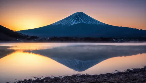 The first sunrise from the foot of Mt. Fuji, realistic, photograph, 
