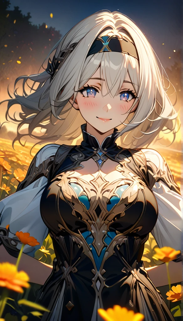 beautiful girl, long grey hair, beautiful face,smiling,close up to hips, beautiful breast, in the middle of flowers field, (open mouth:0.4),illustration,detailed textures(realists),ultra-detailed,portrait style,vivid colors,soft lighting, blushing, mature, hair fluttering, evening light , head band, ((half body)),  cleavages, wearing intricate dress, perky. side profile 