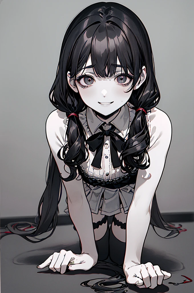 Top quality, (background detail), curly eyes, on all fours, full body, twin tails, looking down, (underwear), high contrast, super beautiful, detailed original illustration, sensual, delicate face, charm point, bad boy, sexy, looking at camera, real bust, stalker, crazy smile, White, bloody, black hair, beautiful line drawing