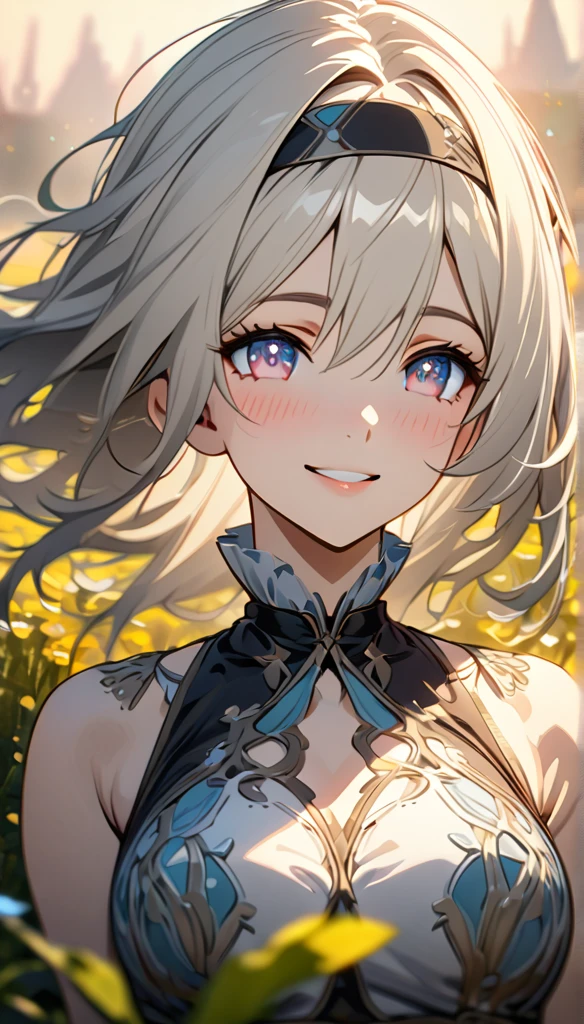 beautiful girl, long grey hair, beautiful face,smiling,close up to hips, beautiful breast, in the middle of flowers field, (open mouth:0.4),illustration,detailed textures(realists),ultra-detailed,portrait style,vivid colors,soft lighting, blushing, mature, hair fluttering, evening light , head band, ((half body)),  cleavages, wearing intricate dress, perky. side profile 