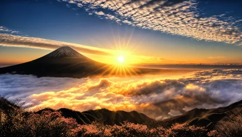 The first sunrise from the foot of Mt. Fuji, realistic, photograph, 