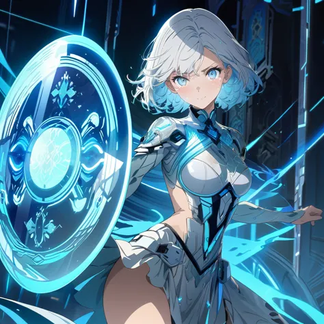 an image of a gentle girl with short, silvery-blue hair, wearing a futuristic fantasy, celebrity outfit with glowing blue elemen...