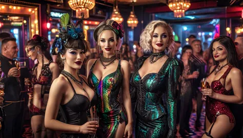 A middle-aged man having a splurge at a cabaret club surrounded by beautiful women. Full body, wide angle, 4K (man) high resolut...