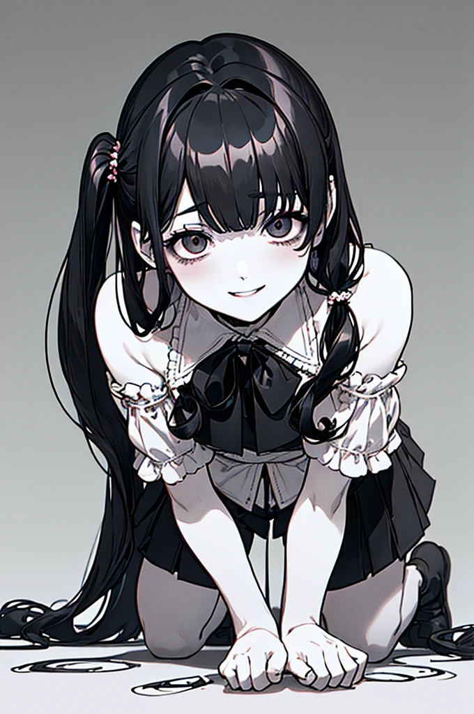 Top quality, (background detail), curly eyes, on all fours, full body, twin tails, looking down, (underwear), high contrast, super beautiful, detailed original illustration, sensual, delicate face, charm point, bad boy, sexy, looking at camera, real bust, stalker, crazy smile, White, bloody, black hair, beautiful line drawing