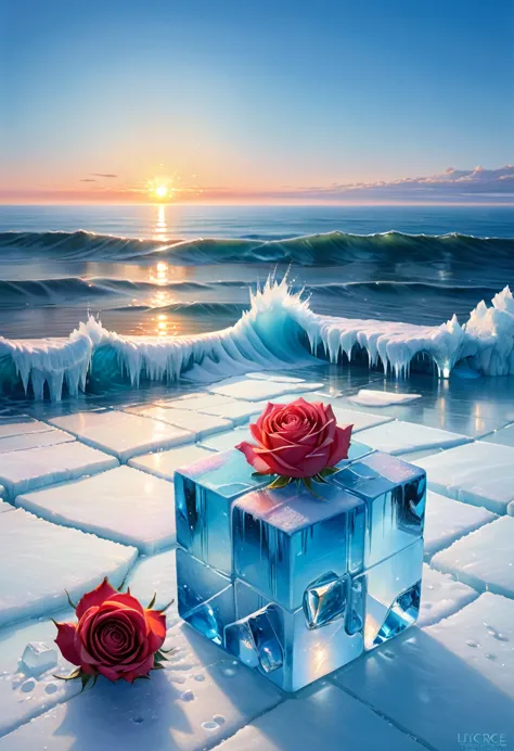 an oil painting：(((sunrise，ocean，horizon，peaceful)))，(ice cubes里的红色玫瑰：1.37)，ice cubes，cube，frozen rose，refracted light