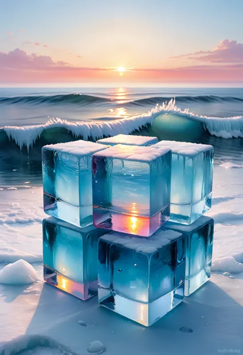 an oil painting：(((sunrise，ocean，horizon，peaceful)))，(ice cubes里的红色玫瑰：1.37)，ice cubes，cube，frozen rose，refracted light