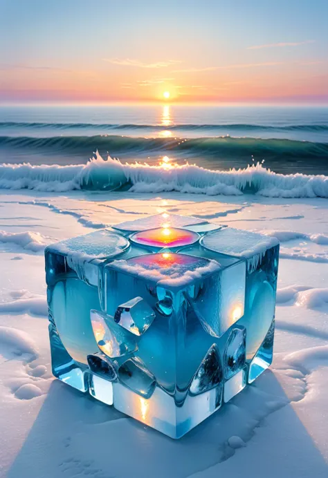 an oil painting：(((sunrise，ocean，horizon，peaceful)))，(ice cubes里的红色玫瑰：1.37)，ice cubes，cube，frozen rose，refracted light