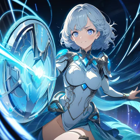 an image of a gentle girl with short, silvery-blue hair, wearing a futuristic fantasy, celebrity outfit with glowing blue elemen...