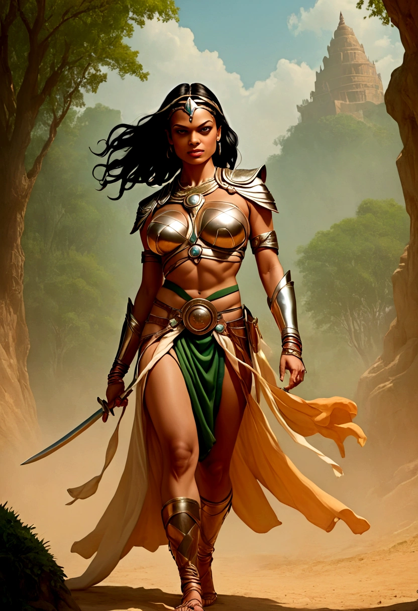 Ilustrações semelhantes à obra de Frank Frazetta, Retrata uma mulher ( (Representação estética de Rosario Dawson como Ashoka Tano), Outro), com armadura feroz,((seios mostrando, Sem sutiã)(important)),cores ousadas e intensas, Expressão determinada, iluminação dramática, Atmosfera Épica - V 5 - Estilo 1000