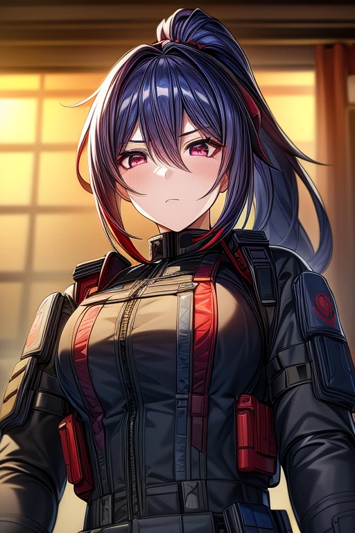 (masterpiece, best quality, perfect face, expressive eyes), 1girl, (anime), (adult), ponytail, red eyes, ((blue hair)), (grey tactical vest), red uniform, small breasts, intricate details