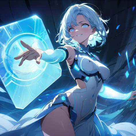 an image of a gentle girl with short, silvery-blue hair, wearing a futuristic fantasy, celebrity outfit with glowing blue elemen...