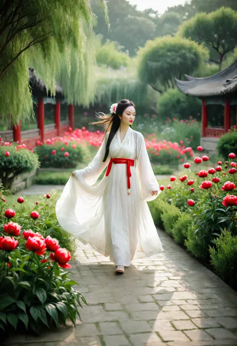 a woman wearing a white dress walking in a garden with red and white peony flowers in the foreground, a girl wearing hanfu tradi...