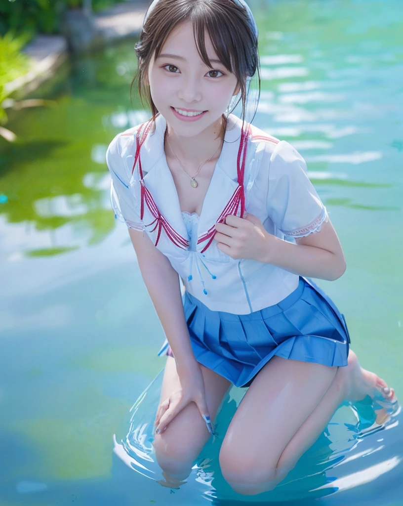 (NFSW)、(High resolution:1.5)、Highest quality,Very detailed,masterpiece,Super detailed,alone,(One 12 year old girl),((Summer School Uniforms:1.5)), Seraphim, ((skirt:1.5)),  smile, Thigh fetish images: 1.5、(((barefoot)))、(Her thighs and white bikini reflected in the clear blue water)、(reflected in water:1.5)、((I can see the white string panties:1.5))、(Cleavage)、((Clear blue seawater))、Summer sun、はしゃいだsmile、Beautiful Eyes、(pull-out-panties)、(Panties on knees)、Big necklace and tiara、The water is marine blue、(((Glossy thighs)))