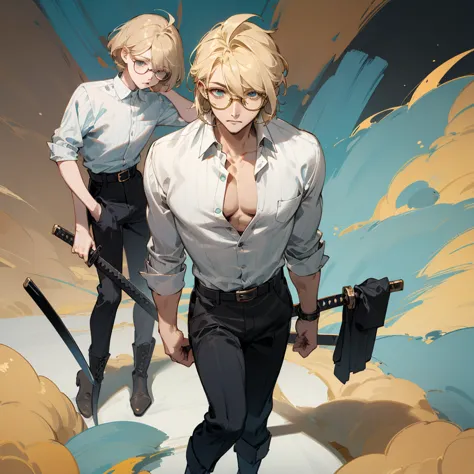 boy, blond, bob hairstyle, tired turquoise eyes, white shirt unbuttoned at the top, black trousers, yellow round glasses, belted...