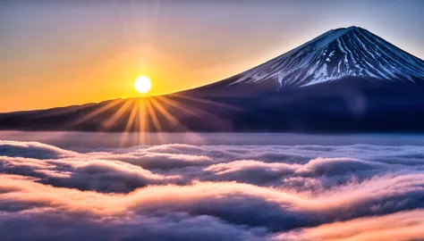 sunrise, sea of clouds, Mt. Fuji, realistic, photograph, New Year's morning,