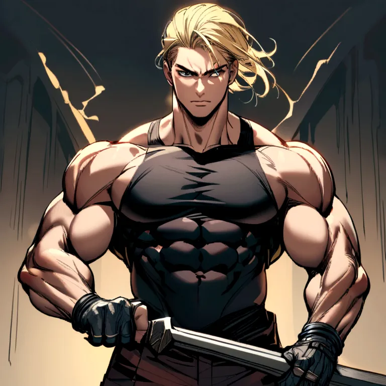 German, blonde hair, Muscles, tool in hand, wears black polo