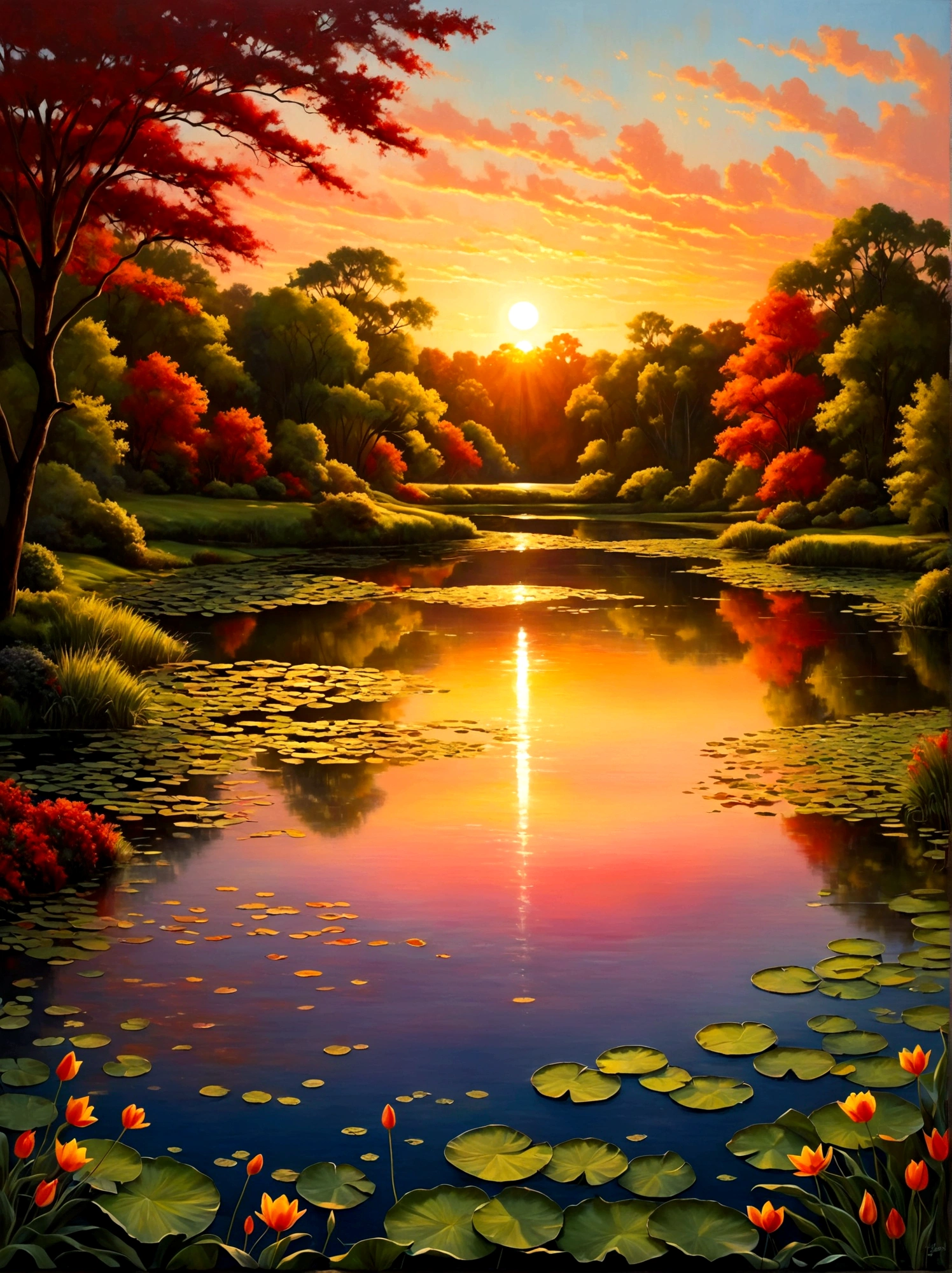 (日の出時刻:1.6)，空一面に広がる日の出の輝きを特徴とする絵のように美しい早朝の風景. 太陽の光が地平線からほんの少しだけ見え始めている, 鮮やかなオレンジ色を放つ, 赤, 黄色, ピンク. 前景に, 静かな湖が空の素晴らしい色を映し出す. その穏やかな表面はほとんど乱されていない, シーンに魅力を加えるわずかな波紋を除いて. 湖の周りには緑豊かな木々が生い茂っています, 暗くなりつつあるためまだ影がかかっているが、夜明けの活気ある輝きを捉え始めている. この画像は夜から夜明けへの美しい移り変わりを捉えている, 視点は広角ビューで、自然の要素に満ちた息を呑むような風景の広大な範囲を強調しています。, 画像は光と影を効果的に使用してドラマチックさと壮大さを感じさせるものでなければならない。.
