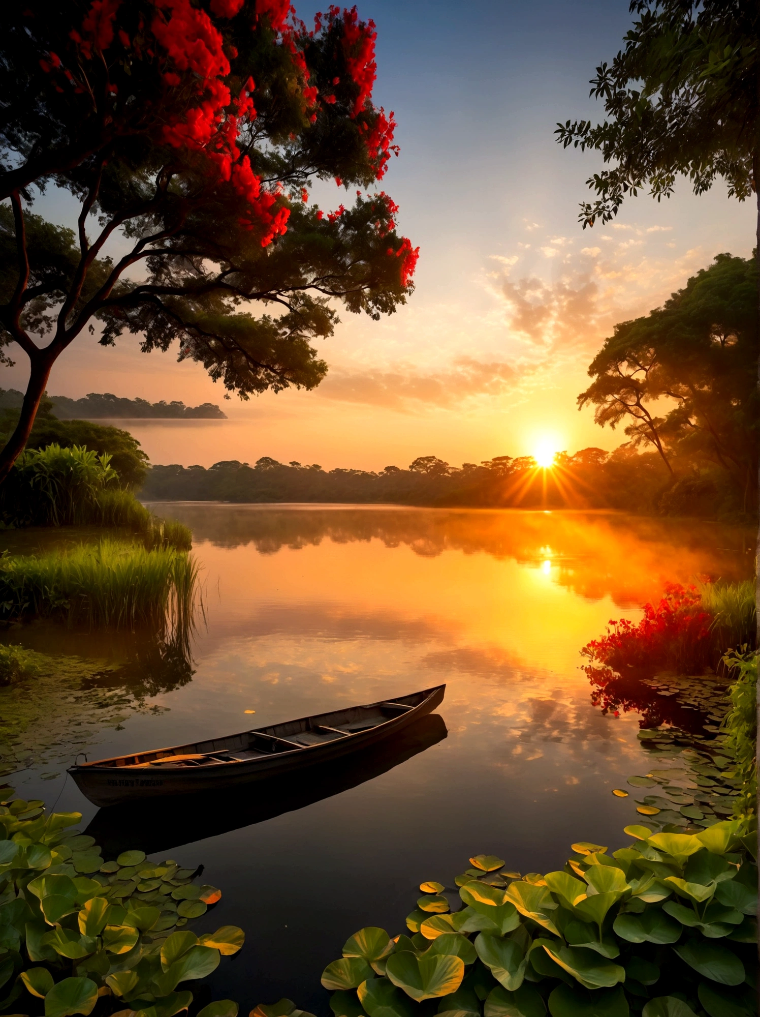 (日の出時刻:1.6)，空一面に広がる日の出の輝きを特徴とする絵のように美しい早朝の風景. 太陽の光が地平線からほんの少しだけ見え始めている, 鮮やかなオレンジ色を放つ, 赤, 黄色, ピンク. 前景に, 静かな湖が空の素晴らしい色を映し出す. その穏やかな表面はほとんど乱されていない, シーンに魅力を加えるわずかな波紋を除いて. 湖の周りには緑豊かな木々が生い茂っています, 暗くなりつつあるためまだ影がかかっているが、夜明けの活気ある輝きを捉え始めている. この画像は夜から夜明けへの美しい移り変わりを捉えている, 視点は広角ビューで、自然の要素に満ちた息を呑むような風景の広大な範囲を強調しています。, 画像は光と影を効果的に使用してドラマチックさと壮大さを感じさせるものでなければならない。.