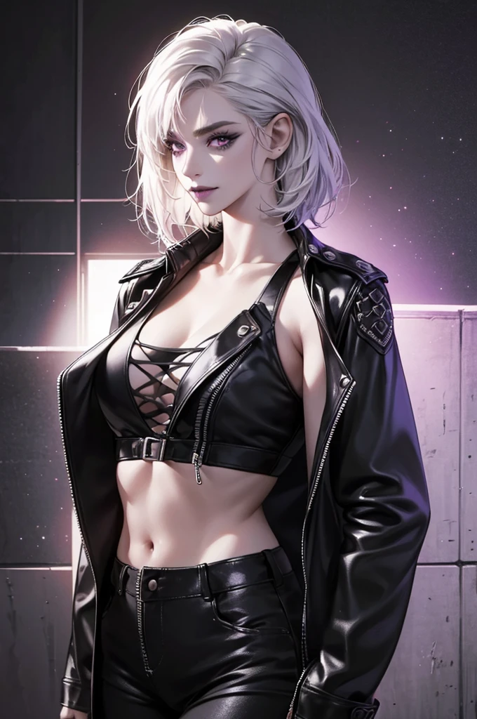 a punk girl, student, hooligan, short messy white hair, purple eyes, black punk clothes, punk, chains, black sleeveless top, baggy black pants, sadistic smile, aggressive, dark purple lipstick, thug, (best quality,4k,8k,highres,masterpiece:1.2),ultra-detailed,(realistic,photorealistic,photo-realistic:1.37),cinematic lighting,dramatic shadows,gothic,dark fantasy,moody,dramatic, leather jacket hanging from the shoulders pumped up muscles