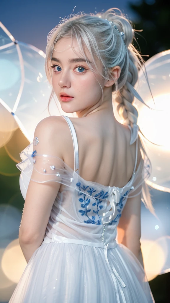 Georgeous, Beautiful, Cute, Baby Face, 18 Years Old, White Skin, Cleavage, ((Large Colossal Breast:1.3)), Sleeveless, Off Shoulder, Strapless, ((Transparent:1.3)), ((White Long Lolita Dress)), (Embroidery), Posing, ((Silver Hair)), ((Bright Blue Eye)), ((Muscles:1.3)), ((Bokeh:1.3)), Animal Farmer Background, Masterpiece, Twintails