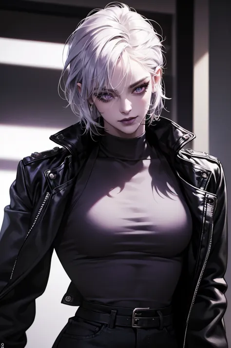 a punk girl, student, hooligan, short messy white hair, purple eyes, black punk clothes, punk, chains, black sleeveless top, bag...