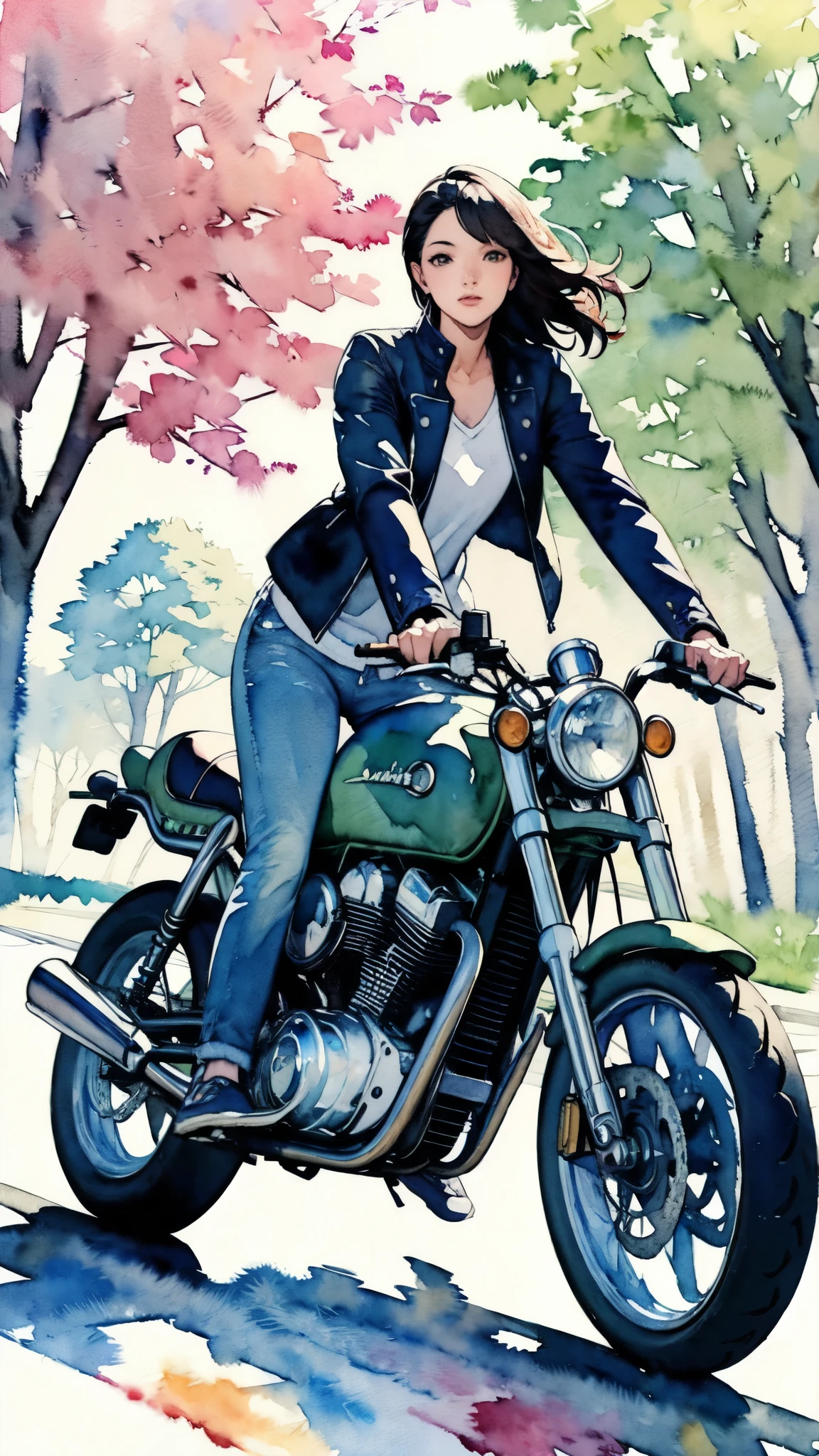 (masterpiece),(Highest quality:1.2),(Very detailed:1.2),(High resolution),(((watercolor))),8K,Woman riding a retro motorcycle,Walk along the tree-lined streets,(A pleasant expression),Riders jacket,jeans,sneakers,Transparent watercolor,(((hands)))
