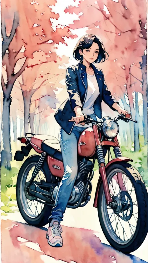(masterpiece),(Highest quality:1.2),(Very detailed:1.2),(High resolution),(((watercolor))),8K,Woman riding a retro motorcycle,Wa...
