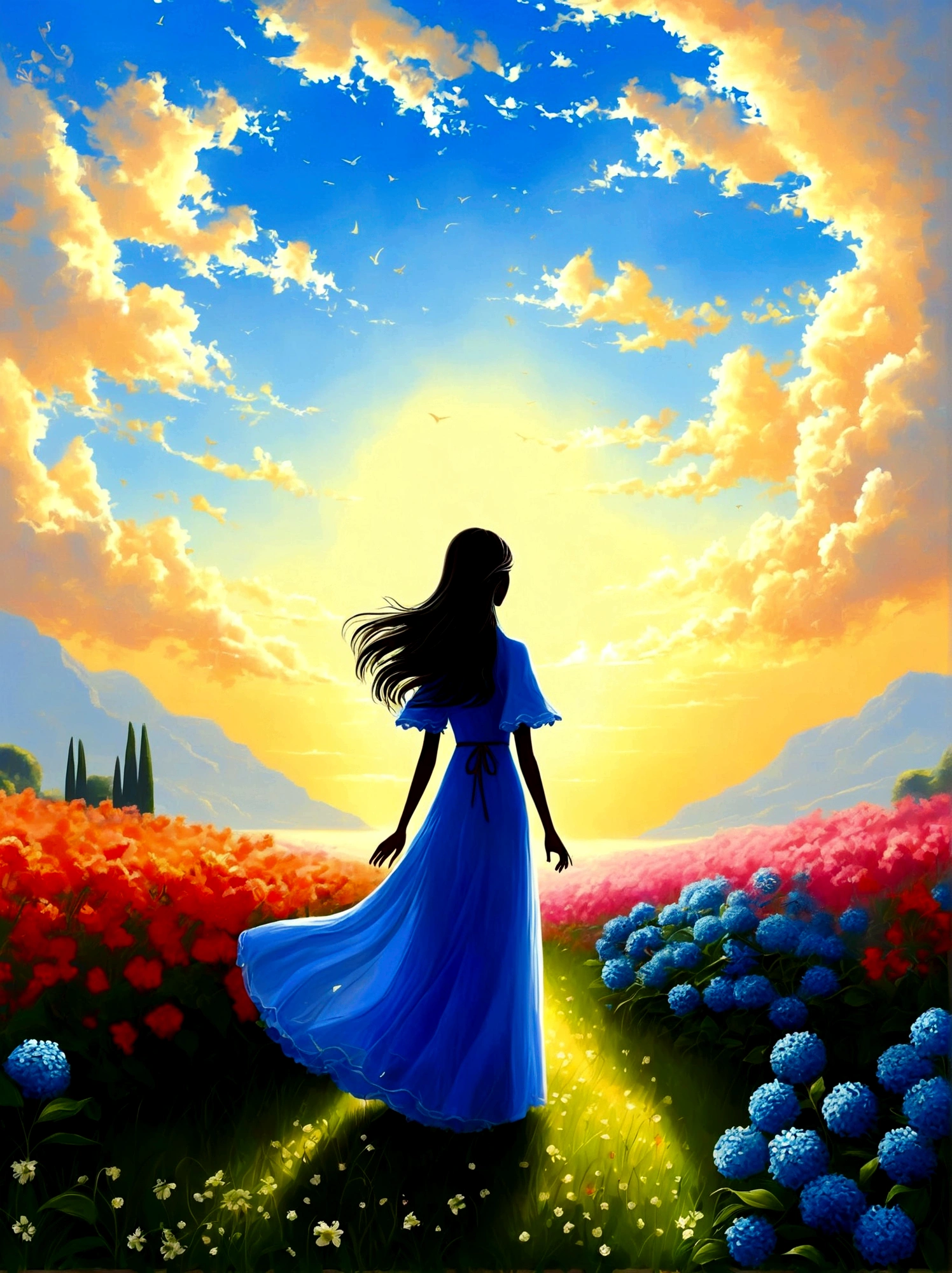 (黎明日出時間:1.6)，在芬芳的花园里, 盲女站在那裡，張開雙臂, 輕輕撫摸她遇到的花瓣, 與大自然和甜美的藍色花朵相連, 個體在廣闊的天空下充滿敬畏和驚奇地矗立著, 他們的剪影與色彩鮮豔的晨光形成鮮明對比, 他們正處於深深的沉思狀態, 他們周圍寧靜的氣氛訴說著安寧和孤獨, 該視角是廣角視圖，強調充滿自然元素的令人驚嘆的景觀的廣闊範圍, 影像應透過有效利用光影來喚起戲劇性和規模感.