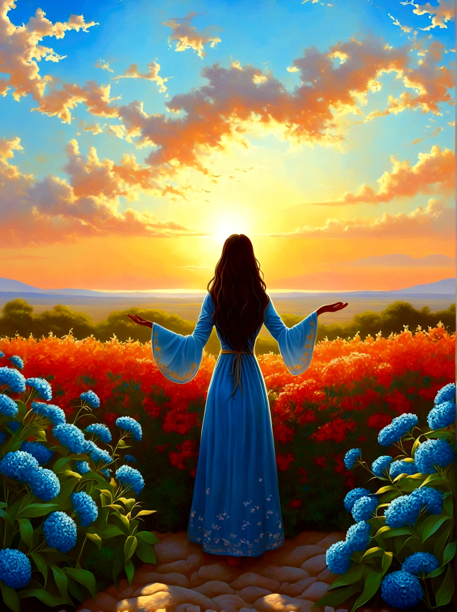 (夜明けの日の出時刻:1.6)，香り豊かな庭園で, 盲目の少女はそこに立っていた，腕を広げて, 出会った花びらに優しく触れる, 自然と愛らしい青い花とのつながり, 広大な空の下で、畏敬の念と驚きをもって堂々と立っている人物, 彼らのシルエットは鮮やかな色の朝の光と対照的である, 彼らは深い思索の境地にある, 周囲の穏やかな雰囲気は静寂と孤独を物語っている, 視点は広角ビューで、自然の要素に満ちた息を呑むような風景の広大な範囲を強調しています。, 画像は光と影を効果的に使用してドラマチックさと壮大さを感じさせるものでなければならない。.