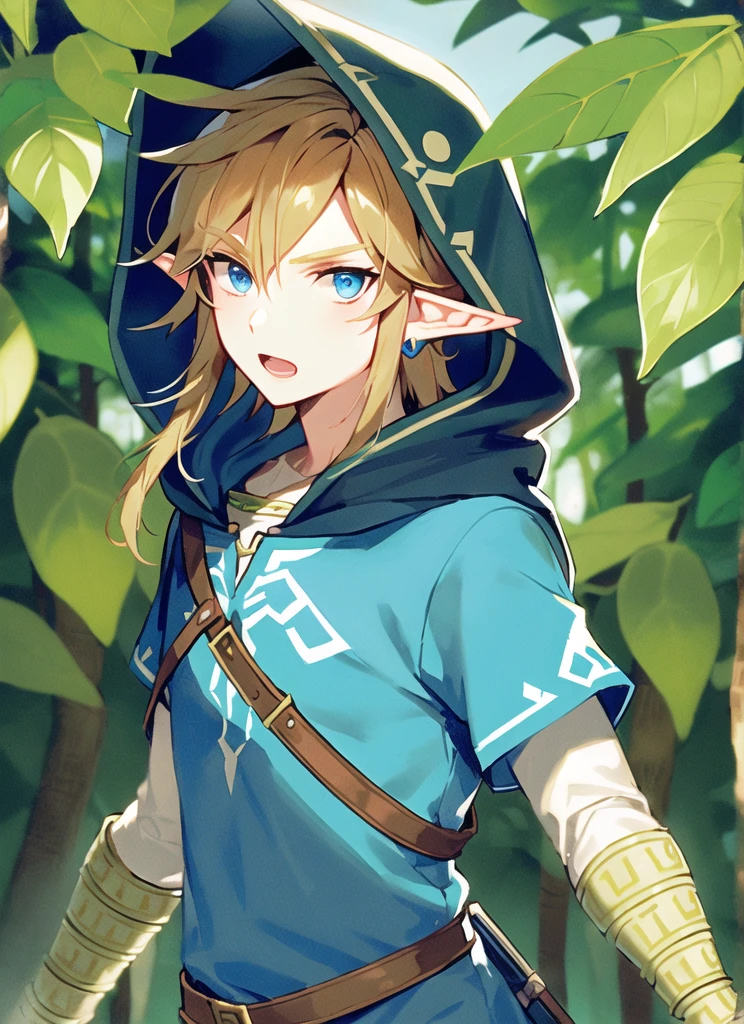 link, the legend of zelda, the legend of zelda: breath of the wild, 1boy, blue eyes, blue tunic, hood, hood up, leaf, light brown hair, looking at viewer, male focus, nature, open mouth, pointy ears, solo, water drop,  ((masterpiece)) 